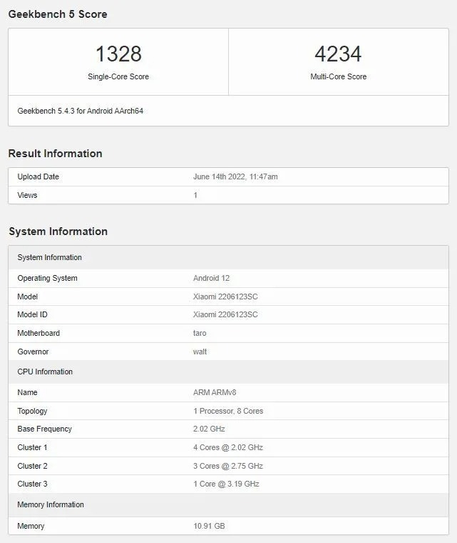Xiaomi 12S xuất hiện trên Geekbench