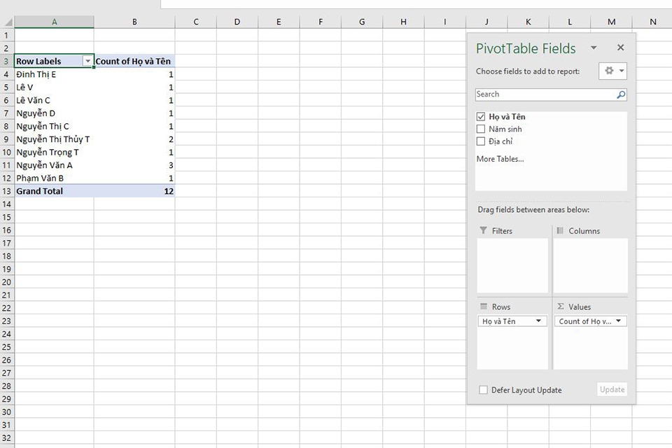 Lọc dữ liệu trùng bằng Pivot Table bước 2