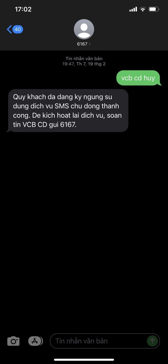 Cú pháp hủy SMS banking VCB