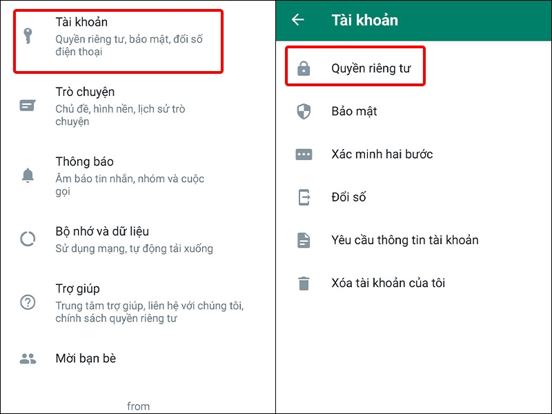 Nhấn vào Tài khoản và chọn Quyền riêng tư