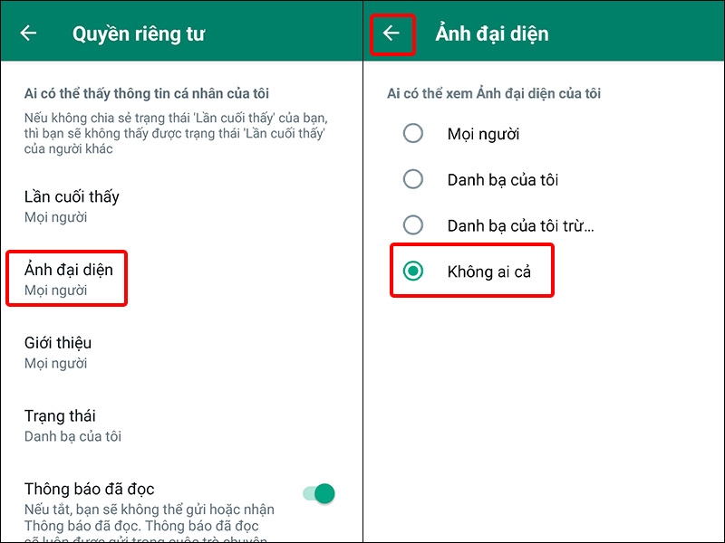 Nhấn vào Ảnh đại diện và chọn Không ai cả