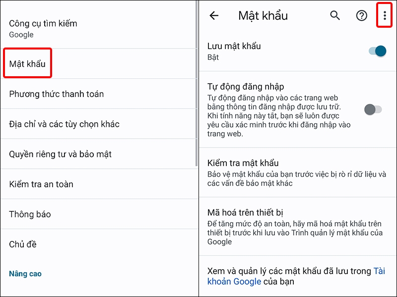 Nhấn vào Mật khẩu và chọn Ba chấm