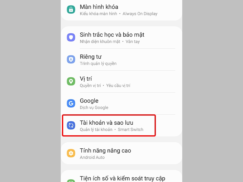 Chọn Tài khoản sao lưu