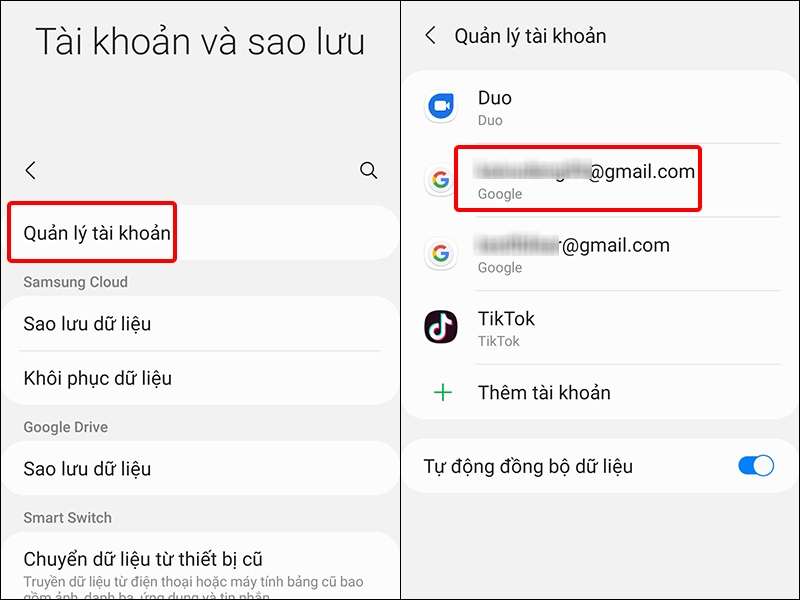 Vào Quản lý tài khoản và chọn tài khoản Google