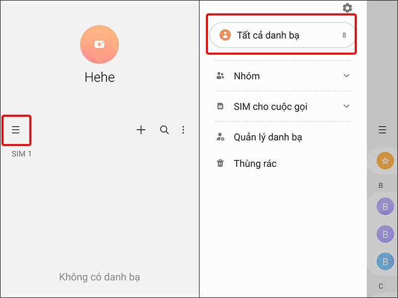 Nhấn vào Ba gạch ngang và chọn Tất cả danh bạ