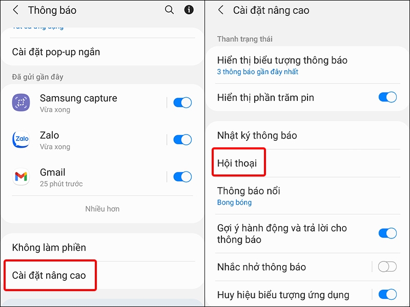 Nhấn vào Cài đặt nâng cao và chọn Hội thoại