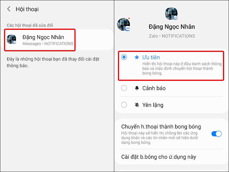 Nhấn vào Cuộc hội thoại và chọn Ưu tiên