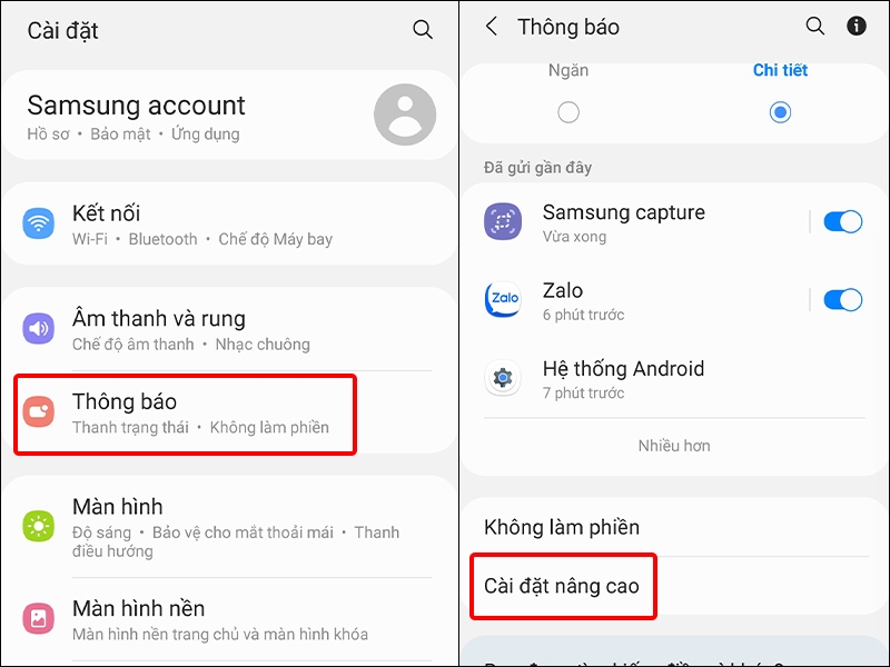 Nhấn vào Thông báo chọn Cài đặt nâng cao