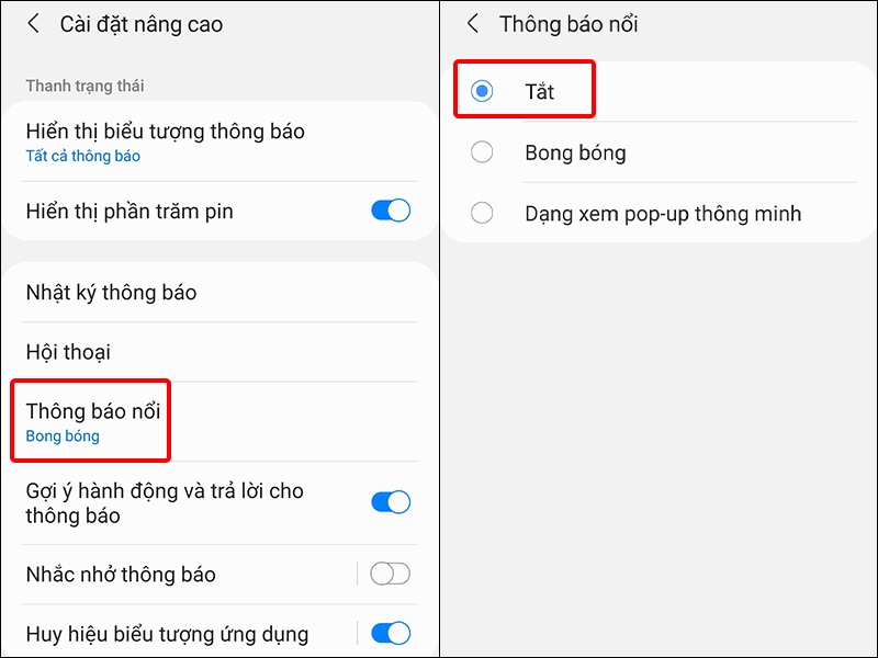 Nhấn vào Thông báo nổi và chọn Tắt