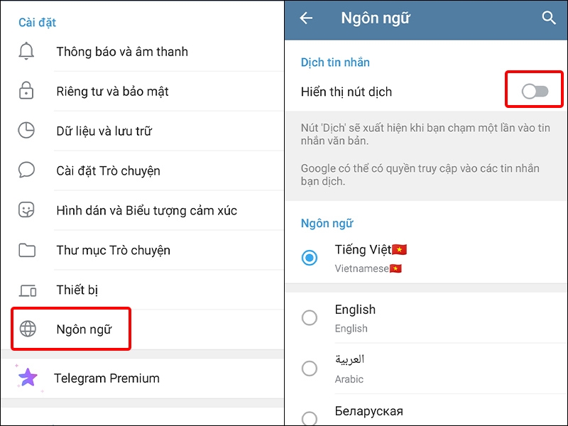 Nhấn vào Ngôn ngữ và Bật hiển thị nút dịch