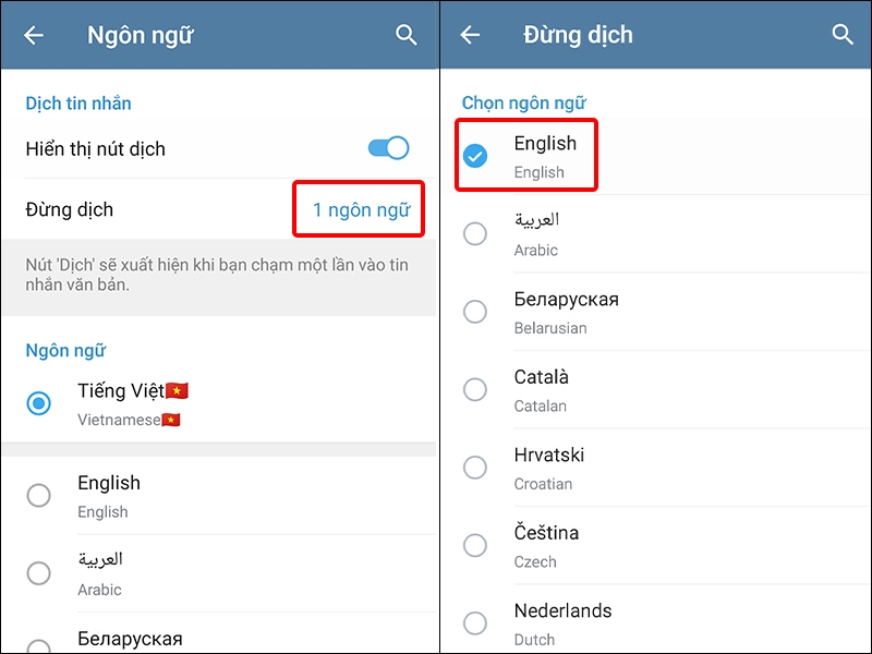 Nhấn vào dừng dịch và chọn Ngôn ngữ mới