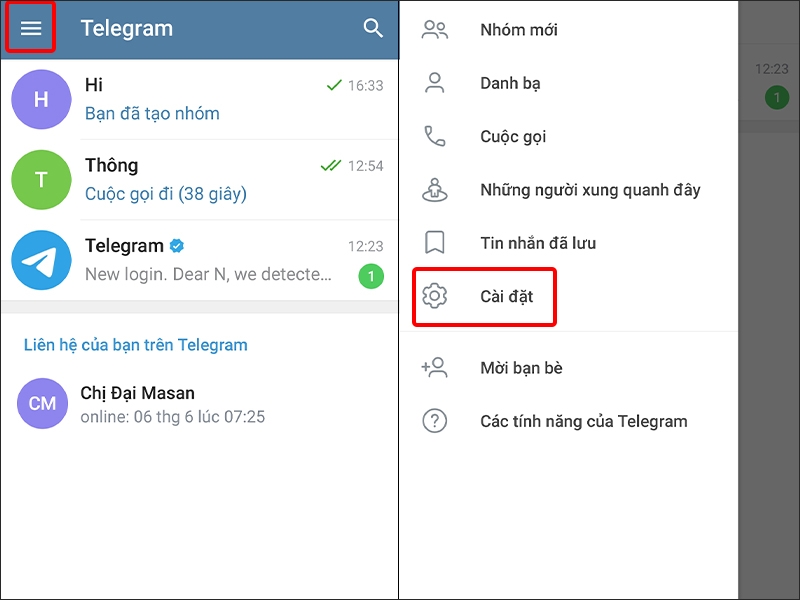 Nhấn vào Ba gạch ngang và chọn Cài đặt