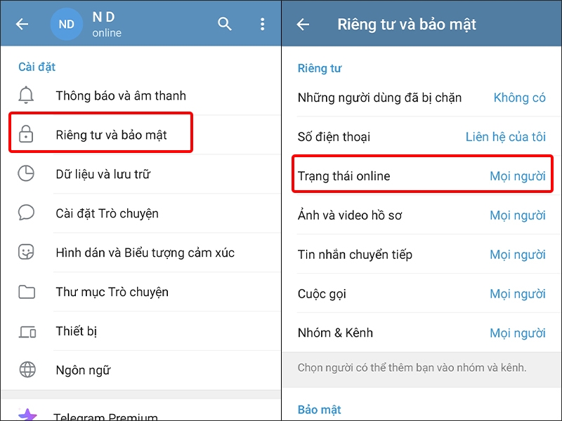 Nhấn vào Riêng tư và bảo mật và chọn Trạng thái online
