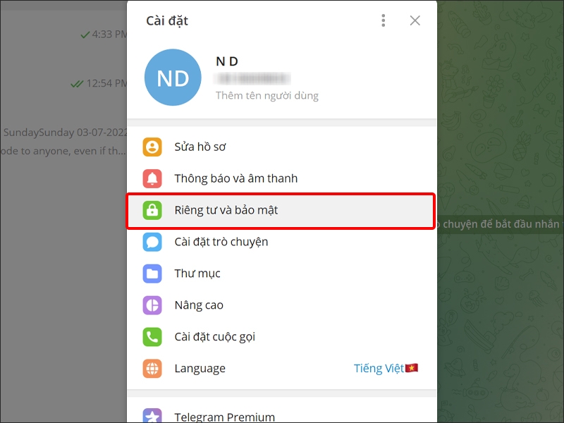 Chọn Riêng tư và bảo mật