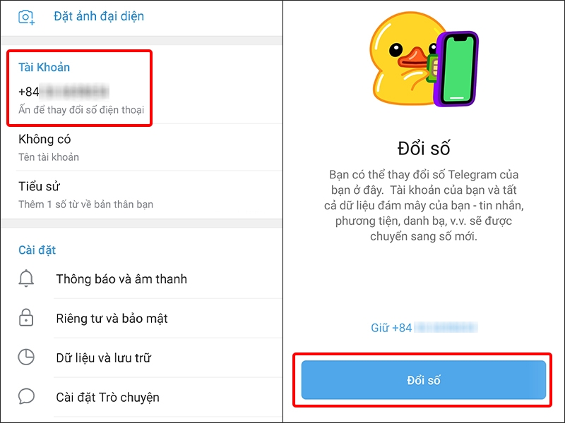Nhấn vào Tài khoản và chọn Đổi số