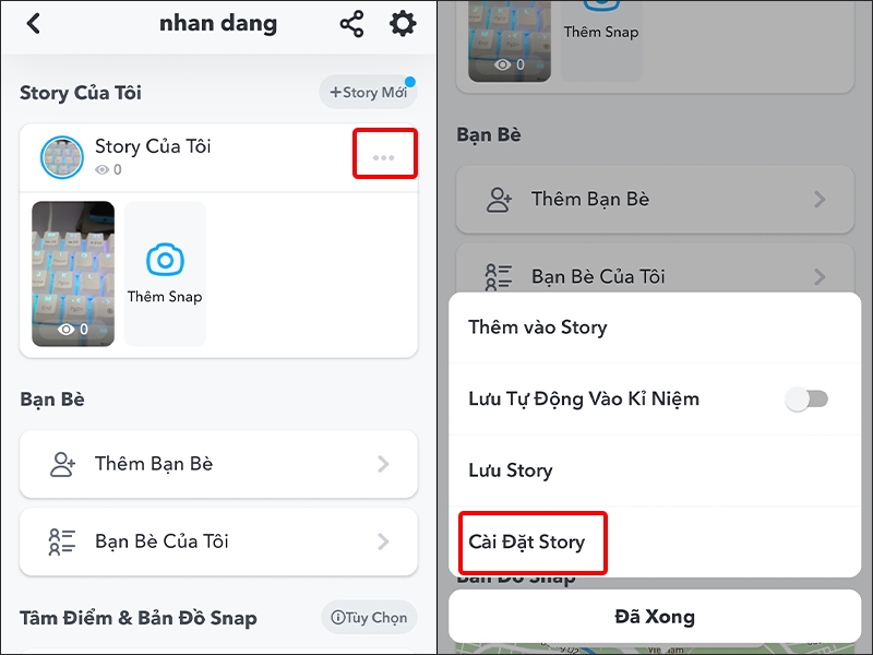 Nhấn vào Ba chấm và chọn Cài đặt Story