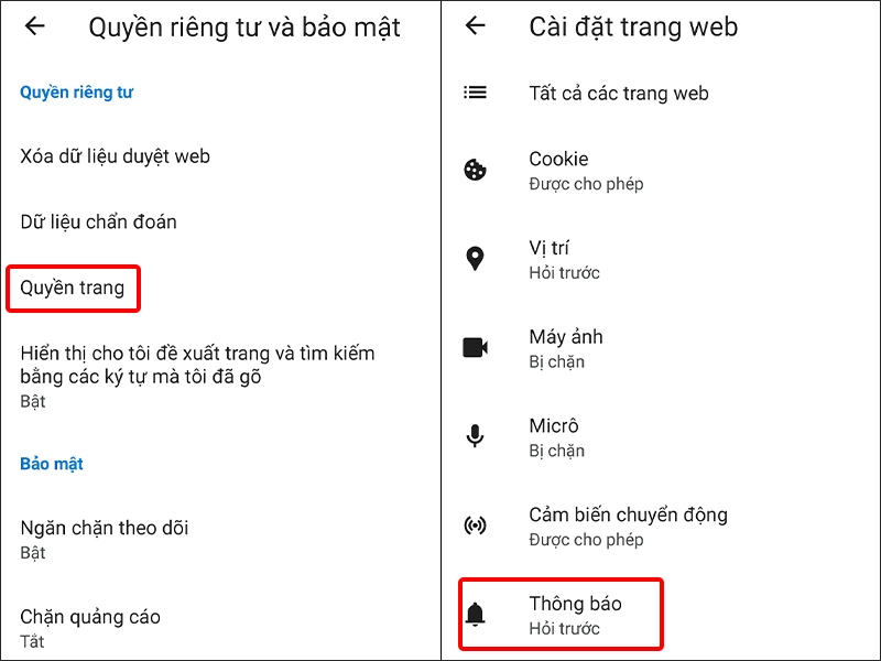 Nhấn vào Quyền trang và chọn Thông báo