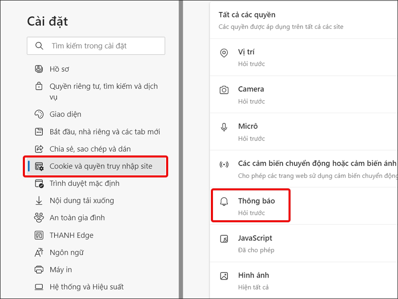 Nhấn vào Cookie và quyền truy cập site
