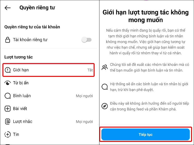 Nhấn vào Giới hạn và chọn Tiếp tục