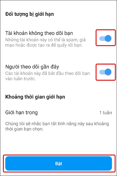 Nhấn vào Bật để hoàn tất cài đặt