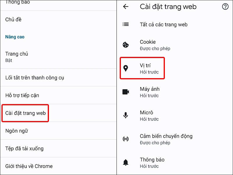 Nhấn vào Cài đặt trang web và chọn Vị trí