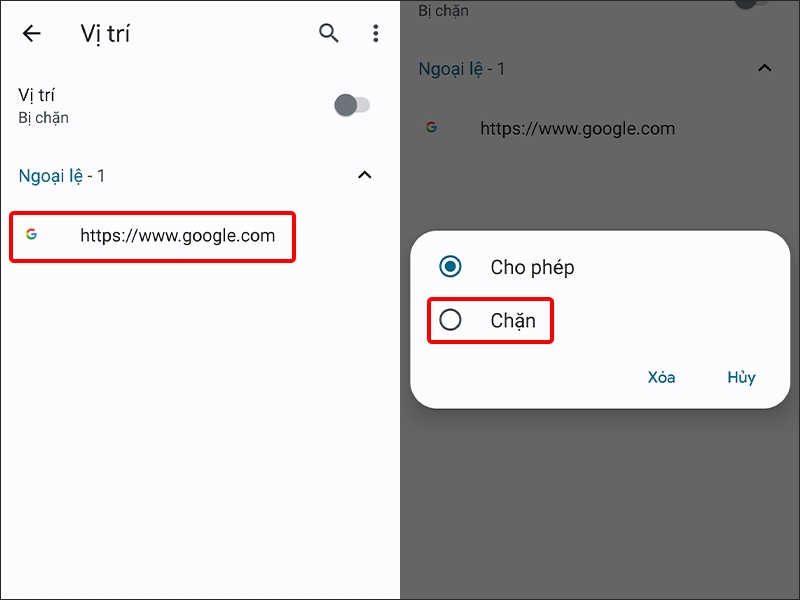 Nhấn vào URL trang web và chọn Chặn