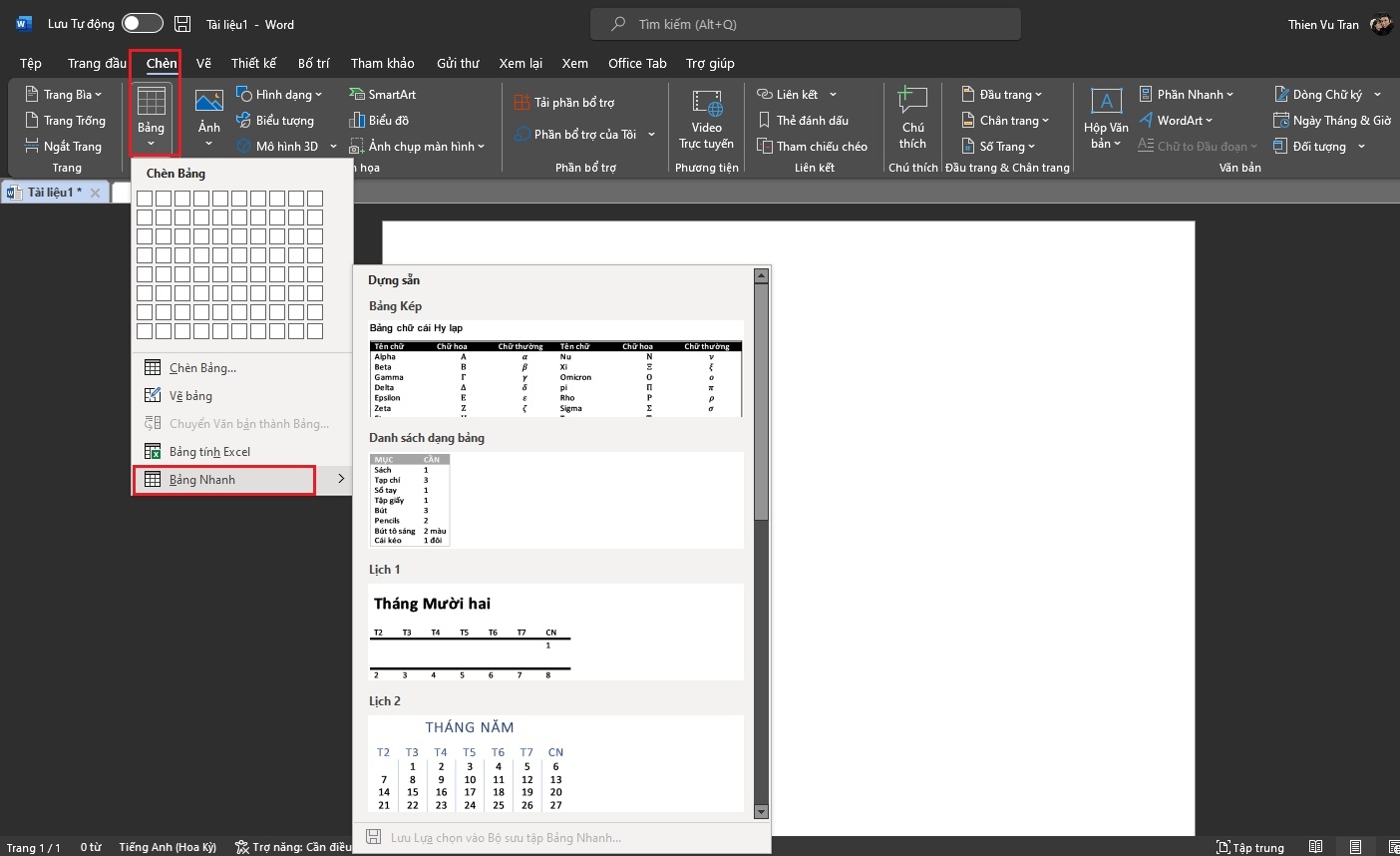 Cách tạo bảng trong Word