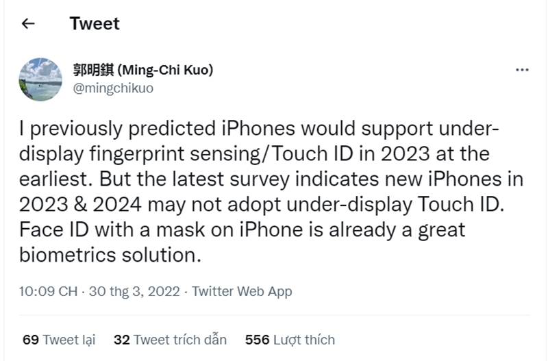 Ming Chi Kuo cho biết iPhone 14 không có Touch ID