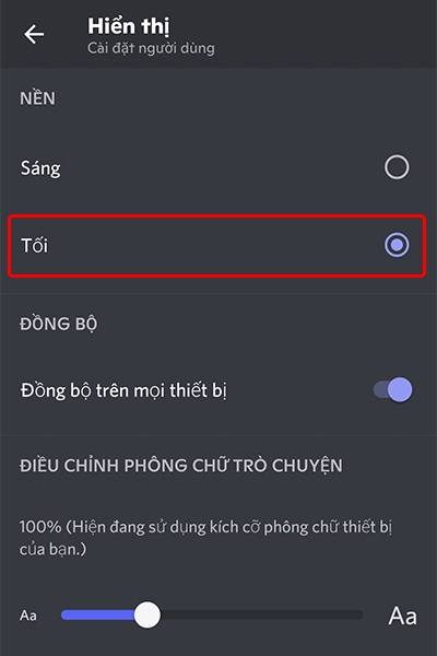 Chọn mục Tối