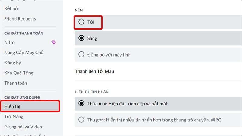 Nhấn vào Hiển thị và chọn Tối