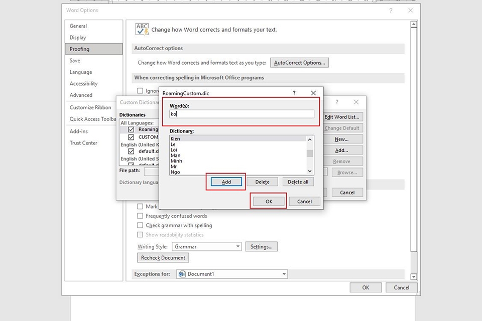 Cách cài đặt từ điển chính tả trong Word - Bước 5