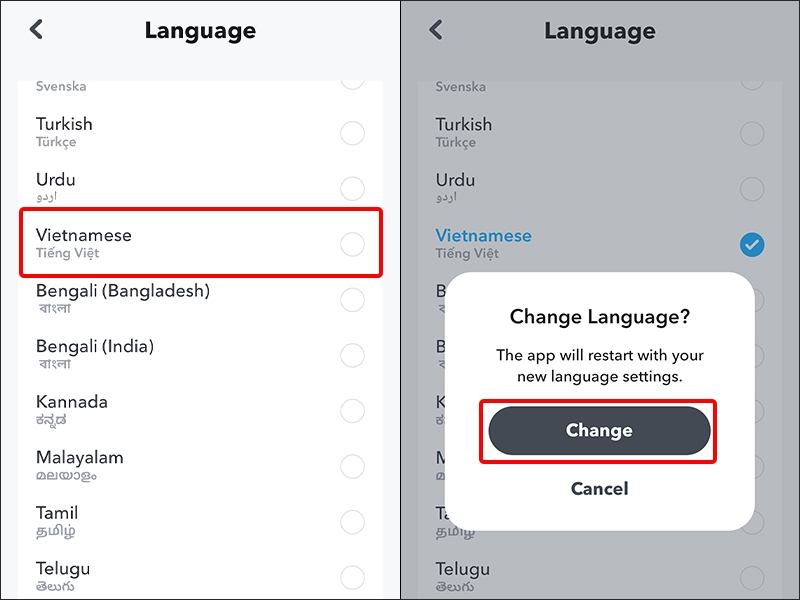 Chọn ngôn ngữ Tiếng Việt và nhấn vào Change