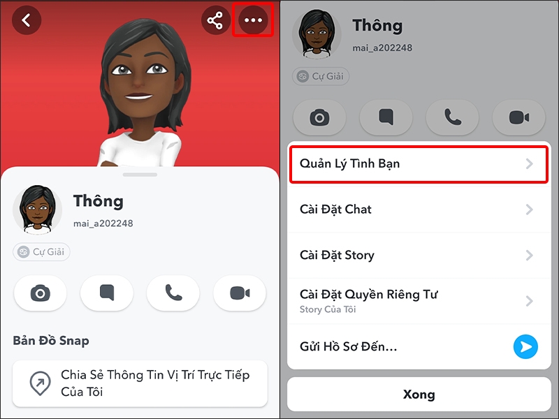 Nhấn vào Ba chấm và chọn Quản Lý Tình Bạn