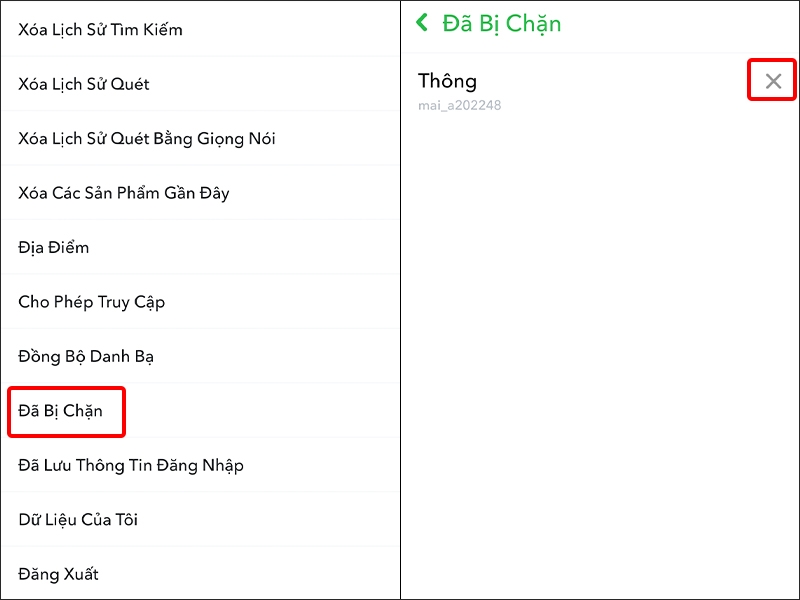 Nhấn vào Đã Bị Chặn và chọn biểu tượng dấu X