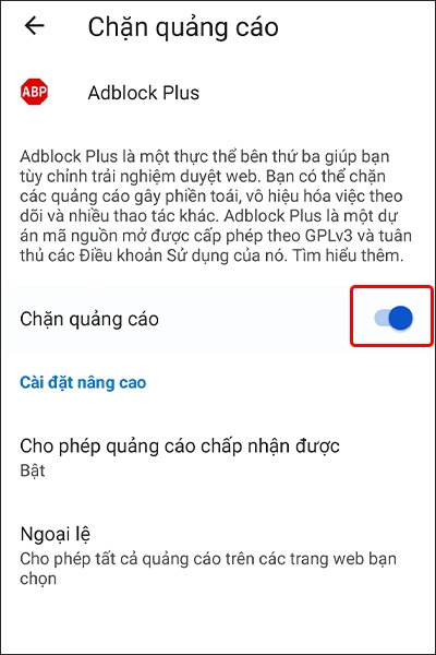 Bật Chặn quảng cáo