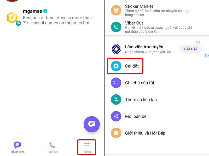 Nhấn vào Thêm và chọn Cài đặt
