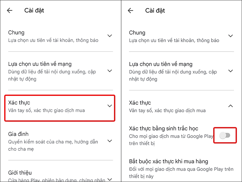 Chọn Xác thực và Bật xác thực