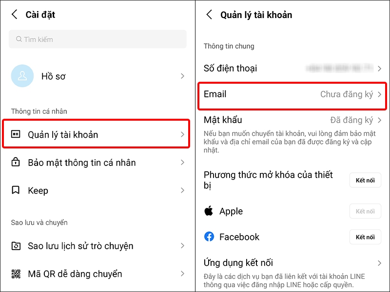Nhấn vào Quản lý tài khoản và chọn Email