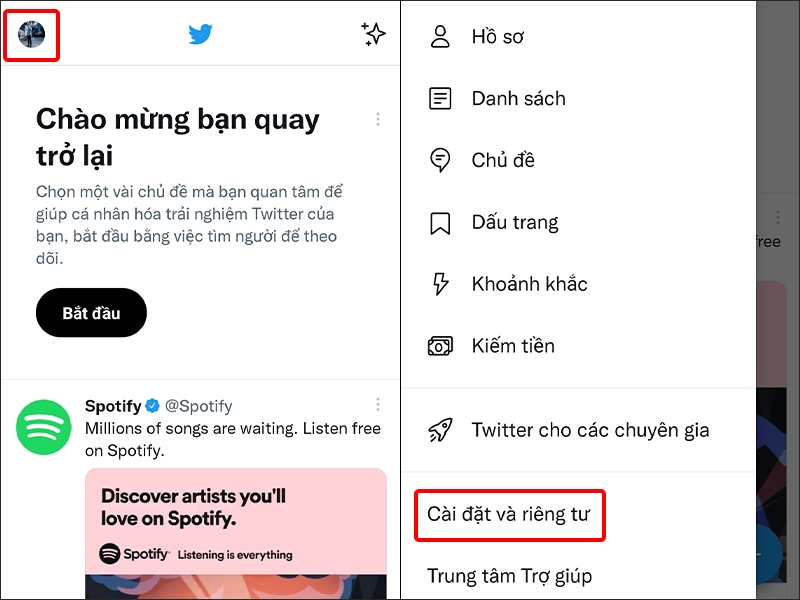 Nhấn vào biểu tượng Tài khoản và chọn Cài đặt quyền riêng tư