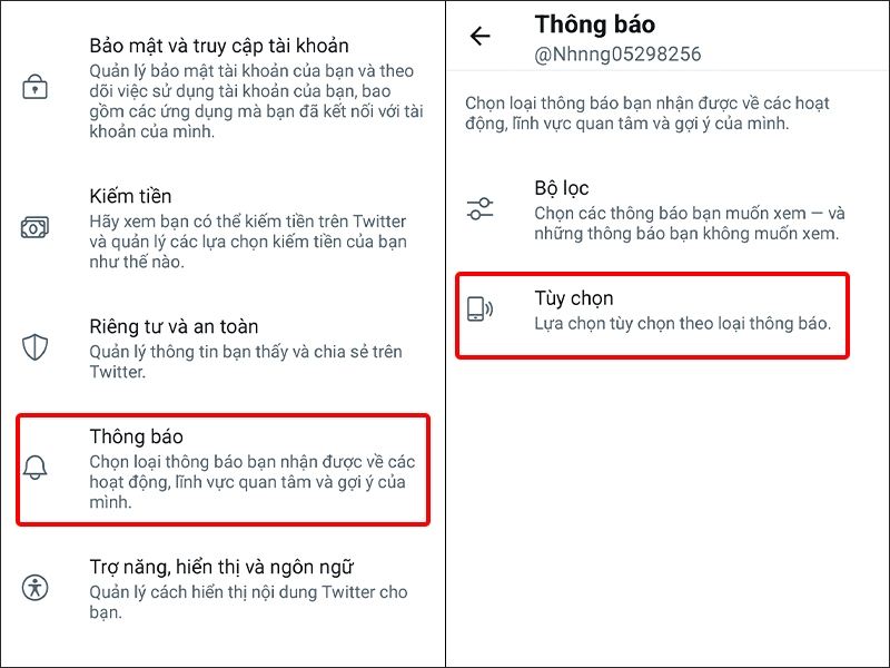 Nhấn vào Thông báo và chọn Tùy chọn