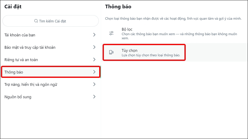 Nhấn và Thông báo và chọn Tùy chọn