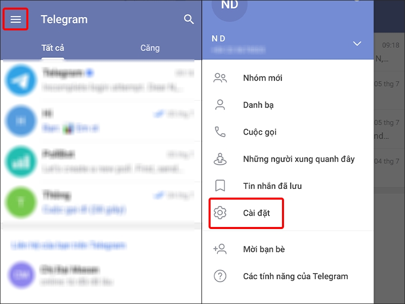 Nhấn vào Ba gạch ngang và chọn Cài đặt