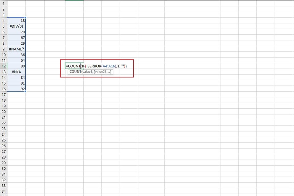 Kết hợp hàm ISERROR với hàm IF và COUNT - bước 1