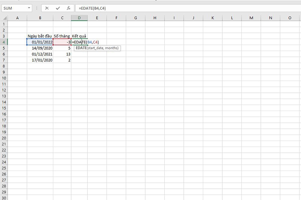 Cách sử dụng hàm EDATE trong Excel - bước 1