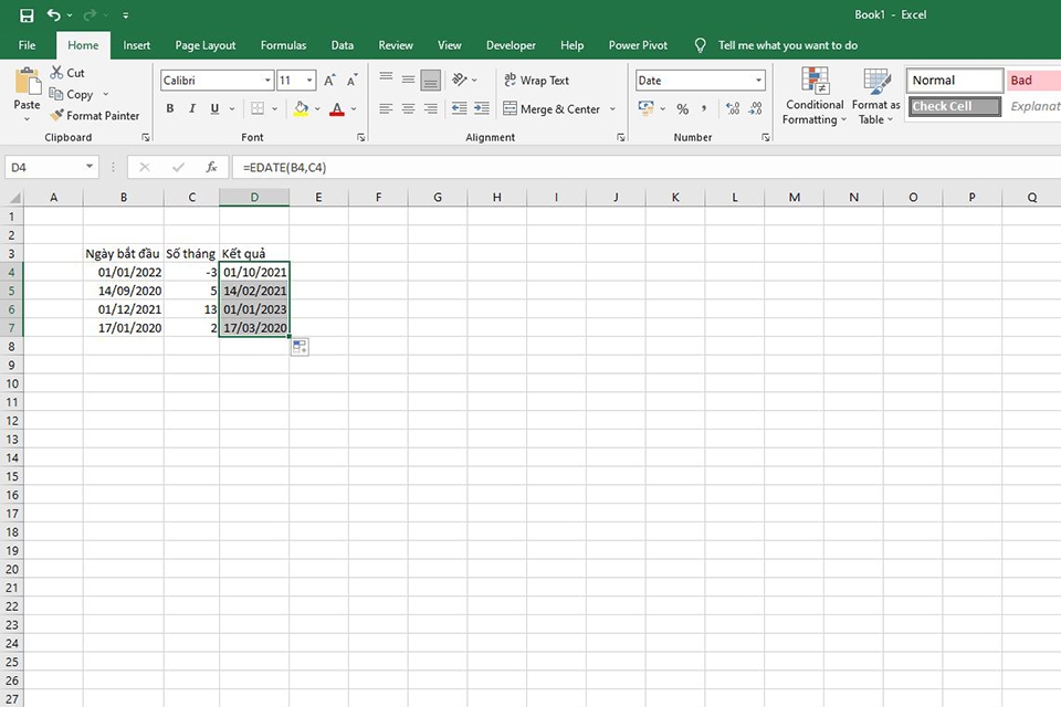 Cách sử dụng hàm EDATE trong Excel - bước 5