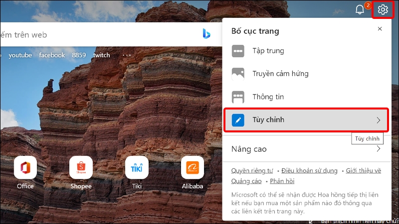 Nhấn vào Cài đặt và chọn Tùy chỉnh