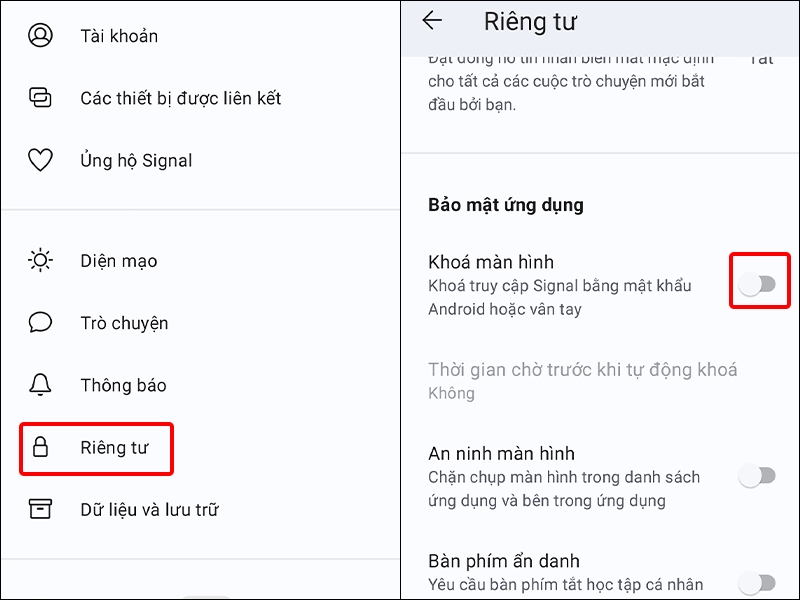 Kích hoạt tính năng khóa màn hình ứng dụng Signal