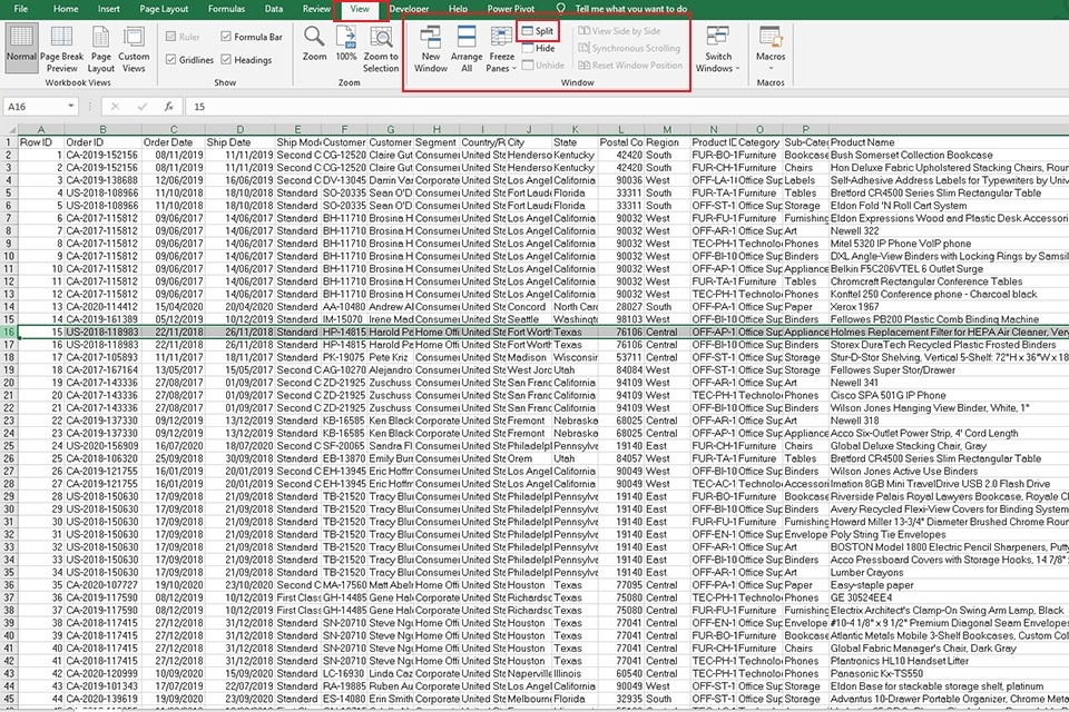Sử dụng Split để tách trang tính theo theo chiều ngang - bước 2
