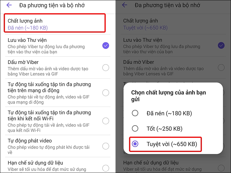 Cách thay đổi chất lượng ảnh tải lên trên Viber