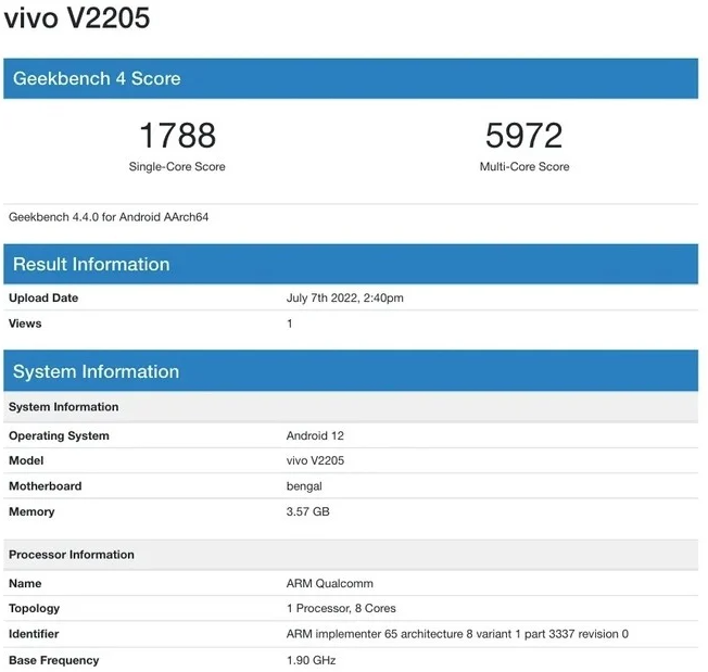 vivo Y35 trên GeekBench
